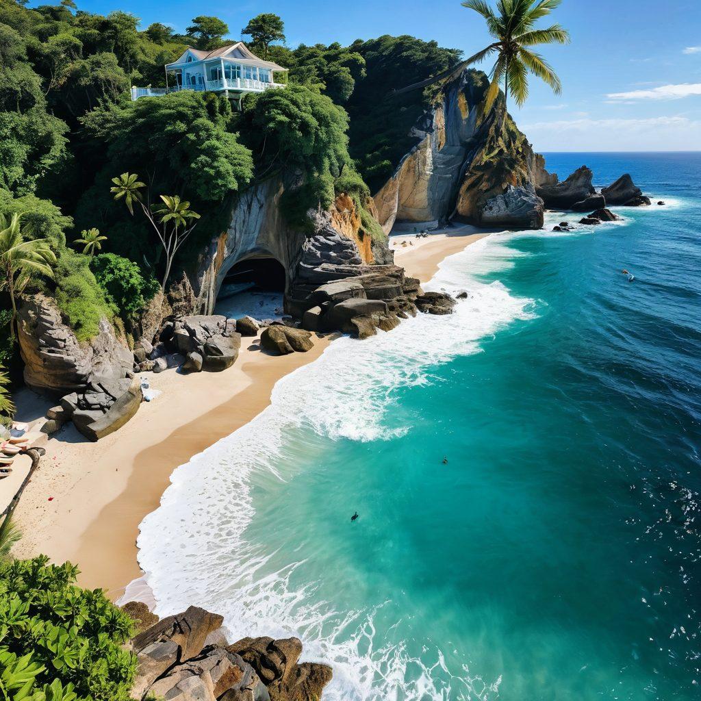 A stunning coastal scene featuring luxurious villas nestled on cliffs overlooking a crystal-clear blue ocean, with families enjoying a sunny day at the beach. Palm trees sway gently in the breeze, and colorful beach umbrellas dot the sandy shore. An inviting infinity pool with children splashing joyfully, surrounded by lush greenery. Vivid ocean waves crashing against rocks in the background. tropical paradise. super-realistic. vibrant colors.
