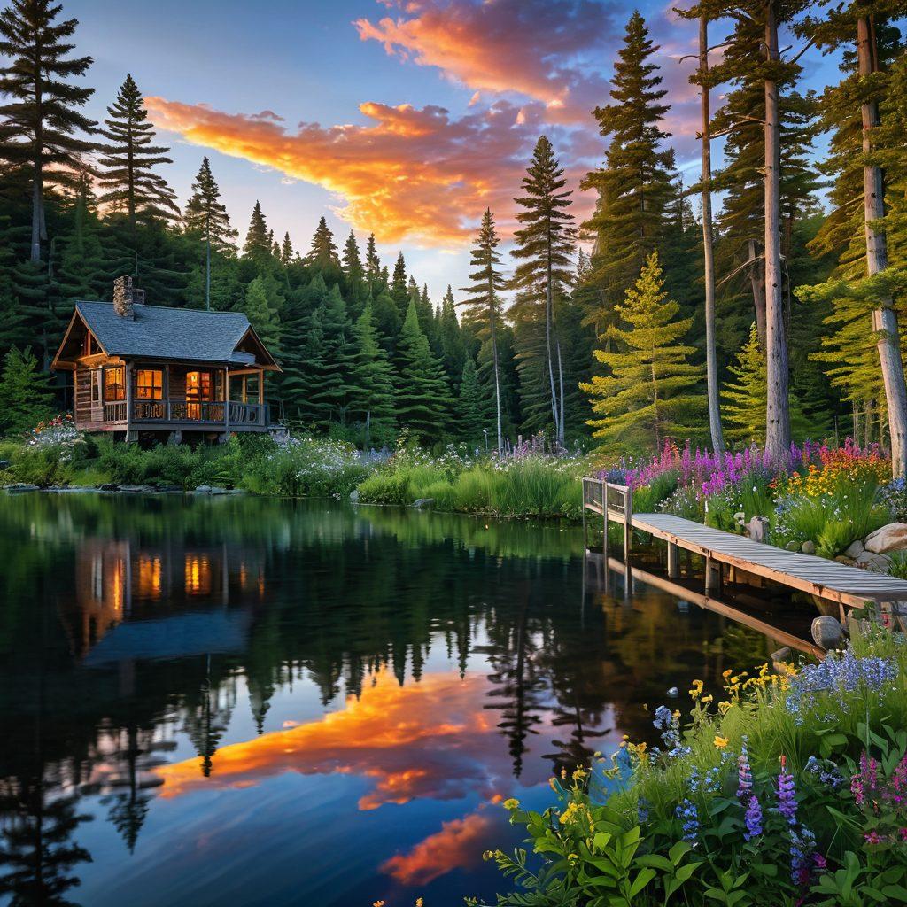 A serene summer landscape featuring a cozy cabin nestled among lush green trees, surrounded by colorful wildflowers and a crystal-clear lake reflecting the blue sky. Add a hammock gently swaying between the trees, inviting relaxation, with soft sunlight filtering through the leaves. A vibrant sunset paints the horizon in warm tones, capturing the essence of peaceful retreats. super-realistic. vibrant colors. 3D.