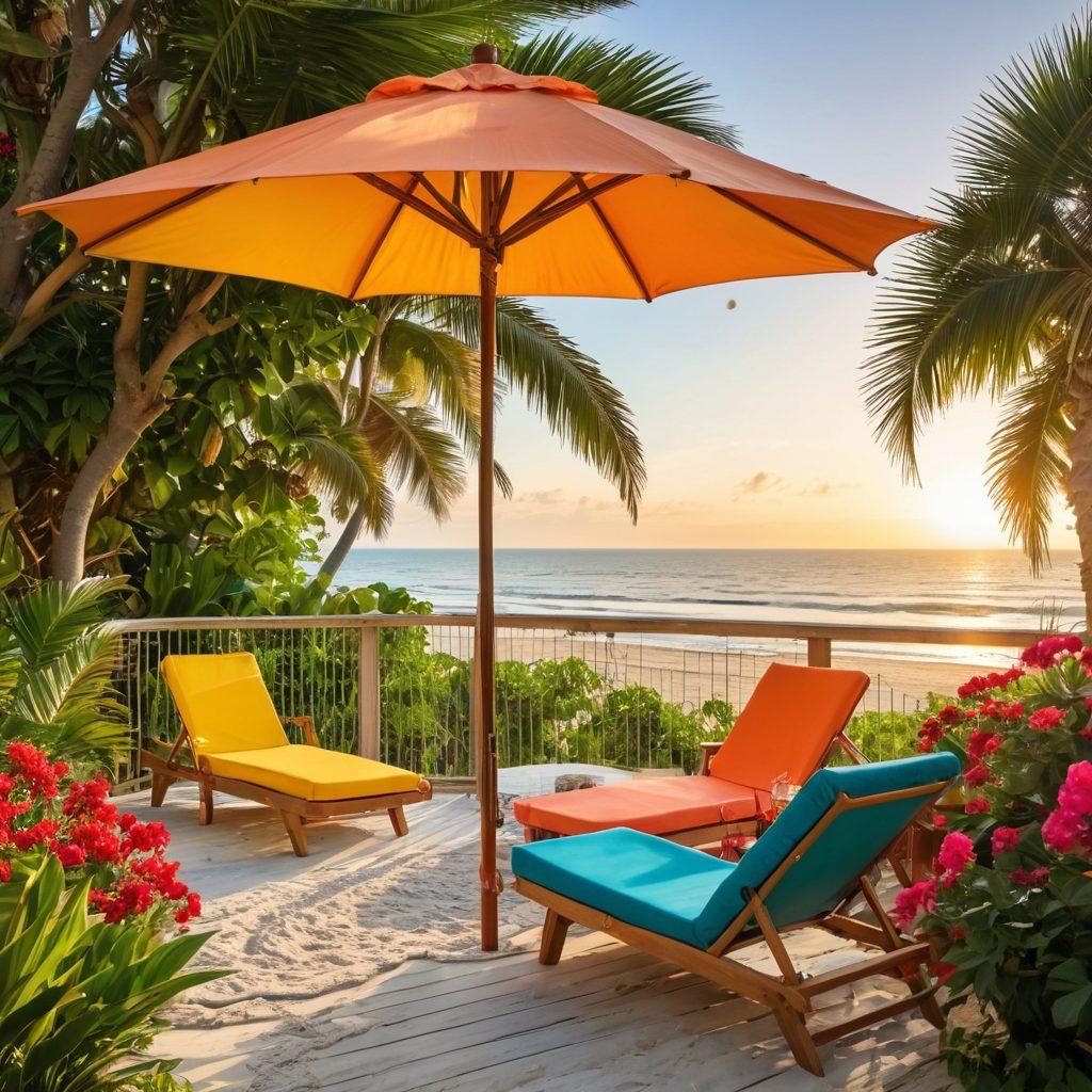 A vibrant beachfront property with a spacious deck adorned with colorful lounge chairs and an inviting umbrella, surrounded by lush greenery and blooming flowers. Families are enjoying various activities like frisbee and beach volleyball, while others relax under the sun with drinks in hand. The sun is setting, casting a warm golden glow over the scene, creating a joyful and serene atmosphere. tropical style. vibrant colors. super-realistic.